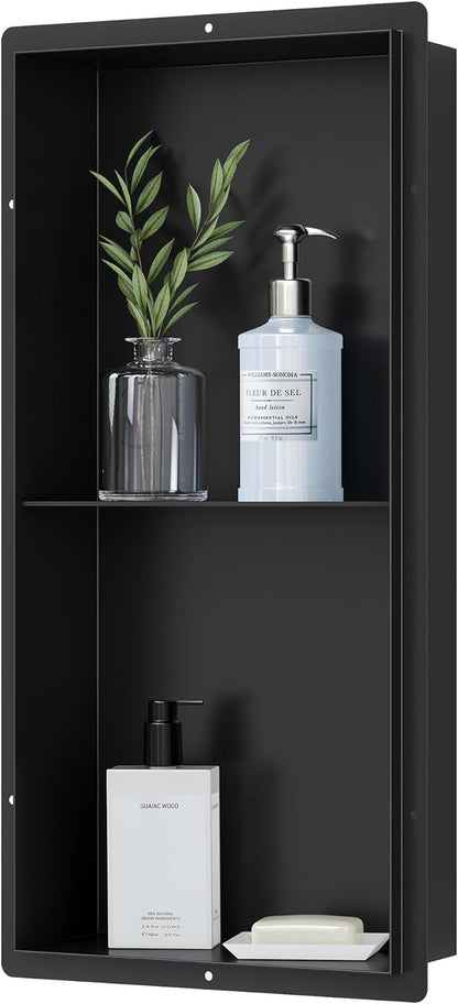 Stainless Steel Shower Niche 12" X 24", No Tile Needed Wall Niche Shower with Double Shelves, Recessed Shower Shelf for Bathroom Storage, Matte Black