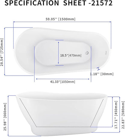 59" Acrylic Freestanding Bathtub, Elegant Skirted Free Standing Tub, Soaking Tub with Integrated Slotted Overflow, Toe-Tap Chrome Drain, cUPC Certified, Glossy White