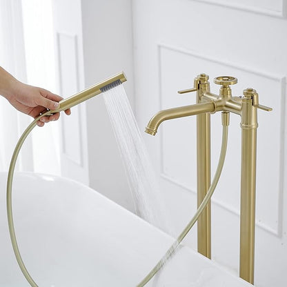 Gold Freestanding Bathtub Faucet Floor Mount Tub Filler with Handheld Shower Two Handle Two Feet High Flow Rate Mixer Tap Bathroom Tub Faucet