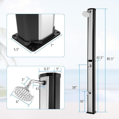 Goplus 9.3 Gallon Solar Heated Outdoor Shower, 7.2 FT Freestanding Garden Shower with 360° Swivel Shower Head, Foot Shower & Temperature Adjustment, for Poolside Backyard Beach (Silver)
