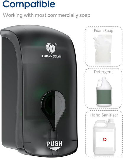 Foaming Hand Soap Dispenser, 35oz (1000ml) Manual Refillable Wall Mount Soap Dispenser, Durable ABS Plastic, for Commercial/Home/Bathroom/Kitchen, Semi-Transparent Black, CHUANGDIAN