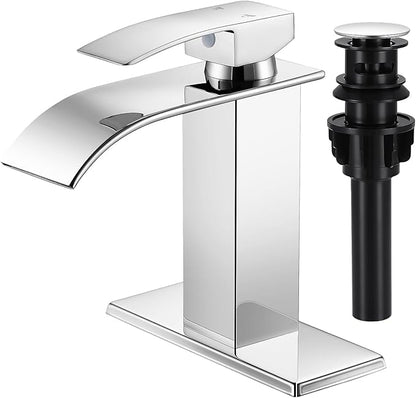 Bathroom Faucets Chrome Waterfall Bathroom Sink Faucet Modern Single Handle Bathroom Faucet for 1 or 3 Hole Mxier Tap Washbasin Faucet with Deck, Pop-up Drain and Supply Hoses