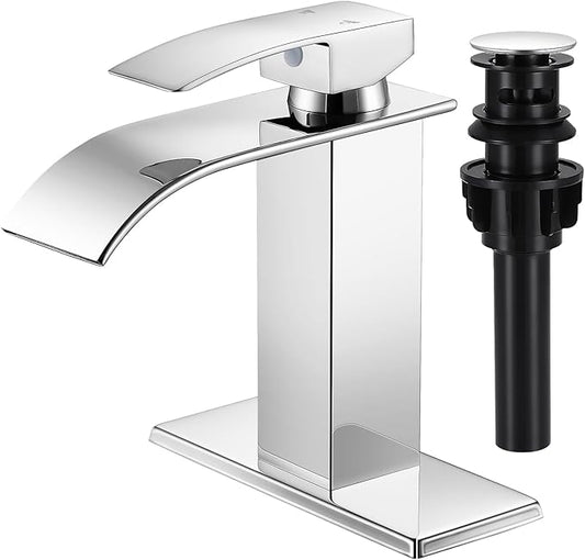 Bathroom Faucets Chrome Waterfall Bathroom Sink Faucet Modern Single Handle Bathroom Faucet for 1 or 3 Hole Mxier Tap Washbasin Faucet with Deck, Pop-up Drain and Supply Hoses