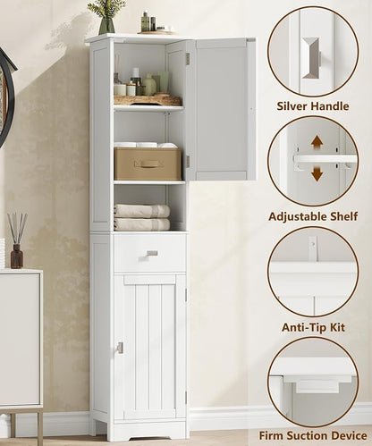 Akxoml Tall Bathroom Storage Cabinet with 2 Doors, 67" H Narrow Floor Cabinet with Adjustable Shelves and Drawer, Anti-Tip Design, 11.8 x 12.6 x 66.9 Inches, for Bathroom, Kitchen，Entryway, White