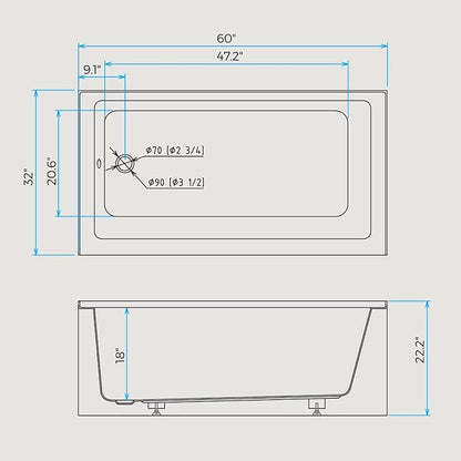 Acrylic Alcove Bathtub 60×32 Inch Drop-In Bathtubs– Left Hand Drain & Overflow, Single Skirt Drop-In Soaking Tub for Modern Bathroom Remodel, Durable Recessed Bathtubs Easy-Clean Design