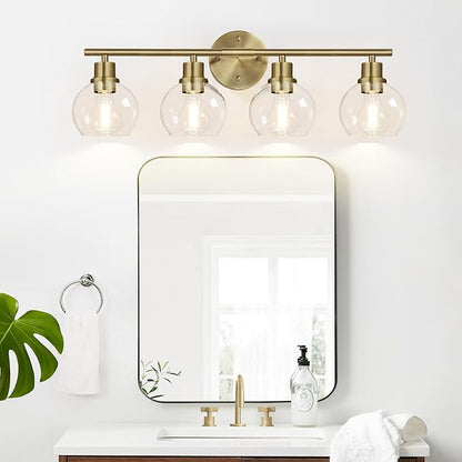 2024 Upgrade 4-Light Bathroom Light Fixtures, Brushed Brass Bathroom Lights Over Mirror with Clear Glass Globe Shade, Vanity Lights for Bathroom Kitchen Living Room Hallway Cabinet Bedroom Porch