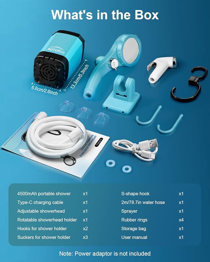 AUTOPkio Portable Camping Shower - Outdoor Camp Shower with Showerhead Sprayer & Rechargeable Battery Pump for Camping, Travel, Hiking, Car Washing, Pet Bath