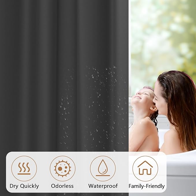 Charcoal Grey Fabric Stall Shower Curtain Liner 36 x 78 inch, Waterproof Cloth Shower Liner Washable with 2 Large Magnets, Narrow Bathroom Shower Curtain for Single Stall