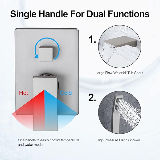 Wall Mount Tub Filler Faucet with Waterfall Tub Spout Waterfall Bathtub Faucet with Handheld Shower Modern Tub Filler Faucet Single Handle, Brushed Nickel