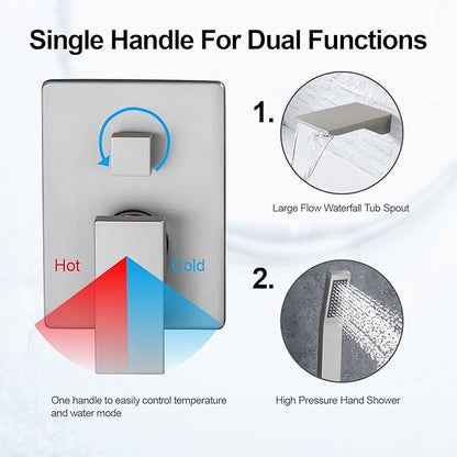 Wall Mount Tub Filler Faucet with Waterfall Tub Spout Waterfall Bathtub Faucet with Handheld Shower Modern Tub Filler Faucet Single Handle, Brushed Nickel