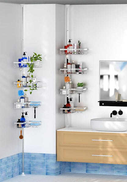 4-Tier Shower Caddy/Shower Organizer - Corner Standing Tension Pole Adjustable 25-114.2 inches Built in 2 Soap Holder Rustproof Silver Finish