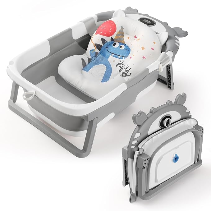 Baby Bathtub,Collapsible Baby Bath Tub with Thermometer & Soft Floating Cushion,Portable Travel Baby Bathtubs for Newborns to Toddlers 0-36 Months(Crab Gray)