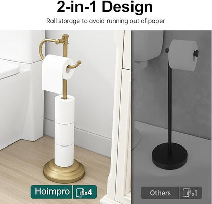 Hoimpro 25" Toilet Paper Roll Tissue Holder Free Standing with Shelf Storage Stand for 4 Rolls, Freestanding Hardware Accessories Rack Brushed Gold