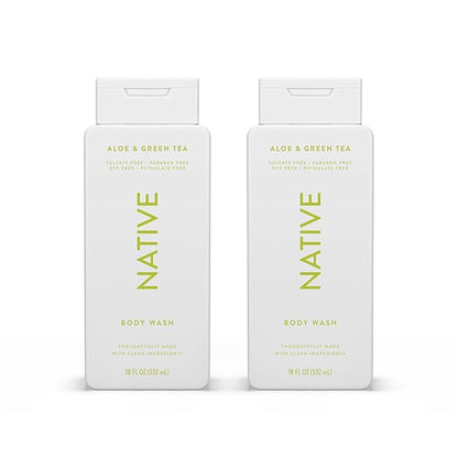 Native Body Wash Contains Naturally Derived Ingredients | For Women & Men, Sulfate, Paraben, & Dye Free Leaving Skin Soft and Hydrating |Aloe & Green Tea 18 oz - 2 Pk