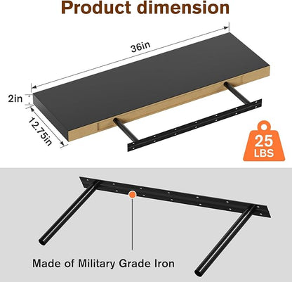 Floating Shelf, Set of 3 Wall Shelf, 36 in W x 12.75 in D x 2 in H Wooden Floating Wall Shelf with Invisible Brackets for Living Room/Bedroom/Bathroom/Kitchen Storage and Decor, Black Wood