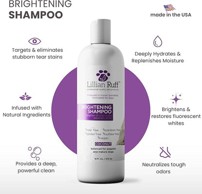 Lillian Ruff PRO Formula Ultra Brightening Dog Shampoo - Professional Whitening & Long-Lasting Odor Eliminator - Removes Stains & Discoloration, Dry Skin & Itch Relief with Aloe & Provitamin B5 (16oz)