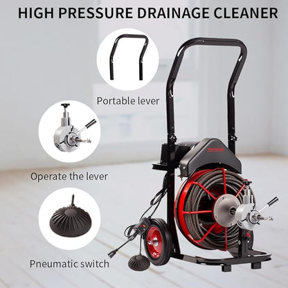 100FT x 1/2 inch Electric Drain Washer, Sewer Spiral Automatic Feed Portable Sewer Snake, Automatic Feed Drain Snake Drill on Wheels with 5 Knives and Air Activated Foot Switch for 4 "to 8" Pipe