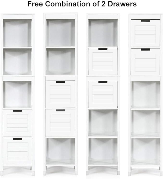 Tangkula Tall Bathroom Storage Cabinet, Freestanding 57" H Tall Slim Bathroom Floor Cabinet with 3 Tier Open Shelves and 2 Drawers, Multifunction Organizer Wooden Tower (White)