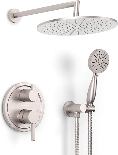 HammerHead Solid Metal Rain Shower System Set with Handheld and 10" Rainfall Head, Shower Valve and Trim Kit, 2-Handle Shower Faucet Set with 2 Way Diverter Body – Brushed Nickel