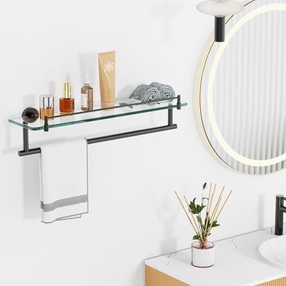 20-Inch Tempered Glass Bathroom Shelf with Towel Bar - Matte Black & Stainless Steel, Wall Mount Rustproof Tower Rail with Shelves