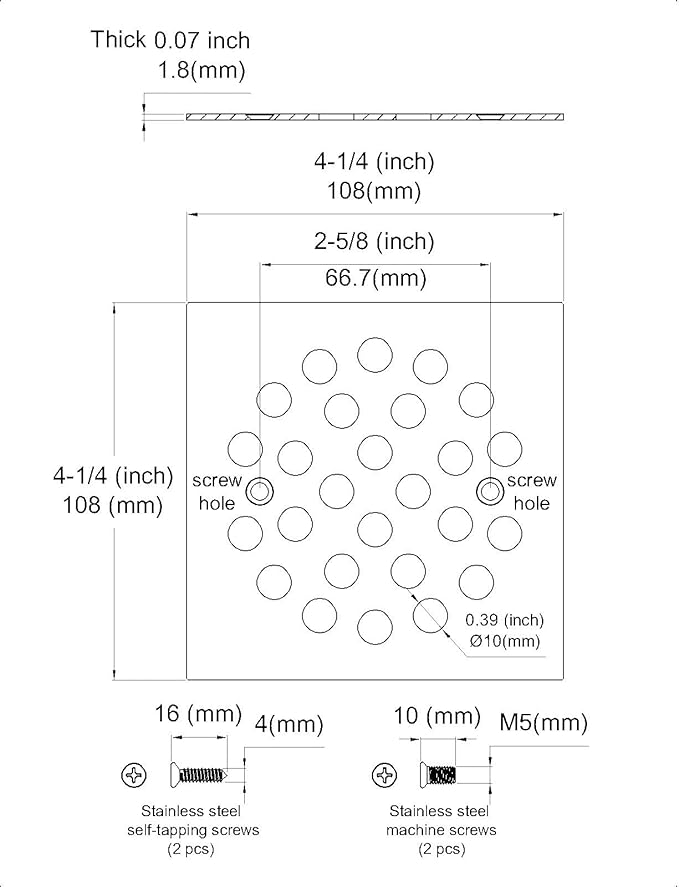 4-1/4 Inch Screw-in Square Floor Drain Cover Replacement Shower Grates with Screws (Chrome)