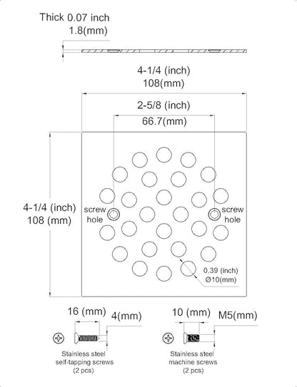 4-1/4 Inch Screw-in Square Floor Drain Cover Replacement Shower Grates with Screws (Chrome)