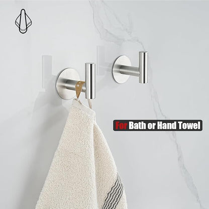 JQK Self Adhesive Towel Hook Brushed, No Drill Stick on Coat Robe Clothes Wall Hook for Bathroom Kitchen Garage 4 Pack, 304 Stainless Steel Brushed Steel, ATH110-BN-P4