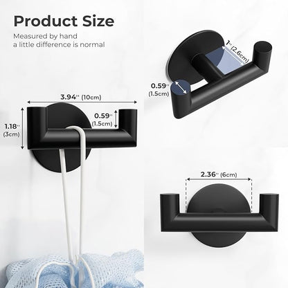 2 Pack Black Bathroom Hooks for Towels - Self Adhesive Double Hooks for Wall, No Drilling, Matte Finish, Strong Hold for Robes, Coats, Shower Use