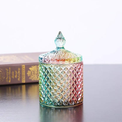 Colorful Home Decorative Jar Qtips Holder Dispenser Glass Storage Container Bathroom Counter Vanity Organizer for Bath Salts/Swabs/Rounds Makeup Sponges Toothpick Jewelry(Rainbow, 20 oz)