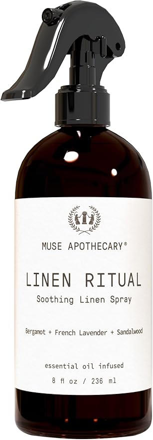 Muse Apothecary Linen Ritual - Aromatic, Soothing, and Relaxing Linen Mist, Laundry and Fabric Spray - Infused with Aromatherapy Essential Oils - 8 oz, Bergamot + French Lavender + Sandalwood,