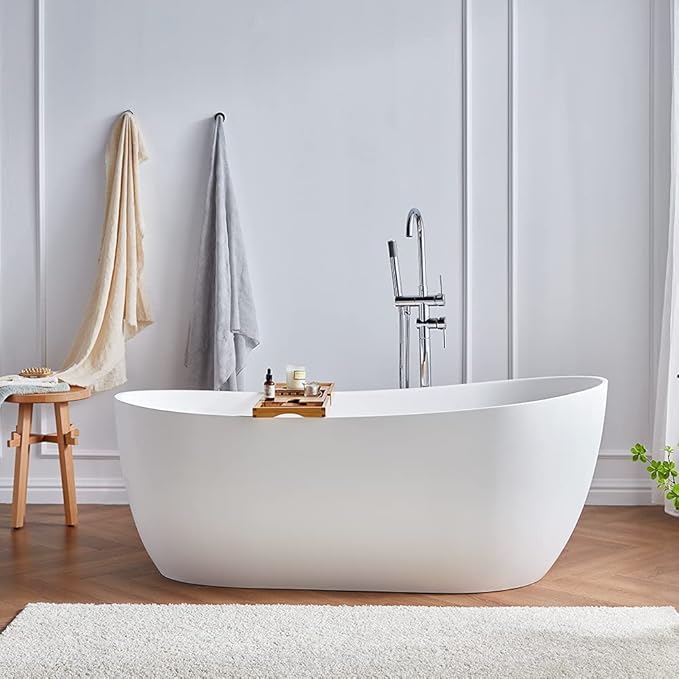 Cpingao Stone Resin Solid Surface 55" Oval Freestanding Bathtub, Modern Stand Alone Soaking Tub with Overflow and Pop Up Drain, One-Piece Molding Matte White 8828-1400