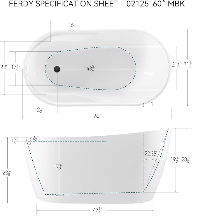 FerdY Lana'i 60" Freestanding Bathtub, Gracefully Shaped Freestanding Soaking tub, cUPC Certified, Matte Black Drain Assembly Included