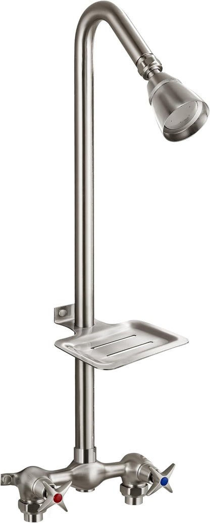 Aolemi Outdoor Shower Kit Fixtures Faucet System with High Pressure Showerhead Utility 2-Handle Exposed Shower with Brass Mix Valve 6 Inch Center with Soap Dish Brushed Nickel