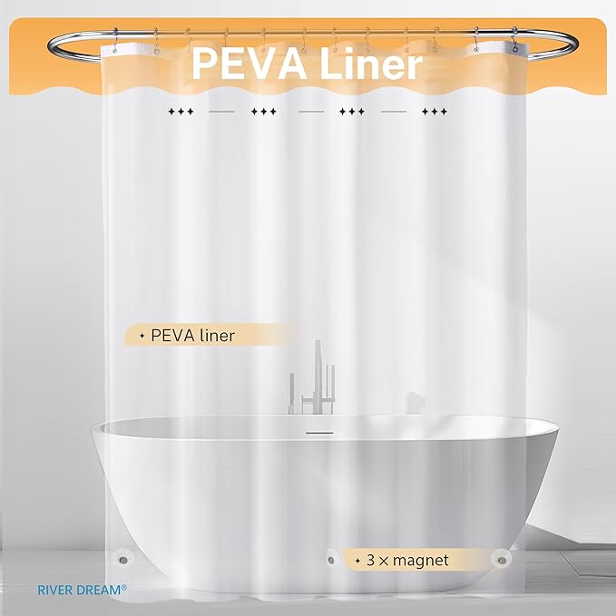 River Dream 3 in 1 Shower Curtain Set, Waffle Fabric Shower Curtain and Waterproof Clear Liner Set with Double Sided Metal Hooks, Grey, 72" W*78" H