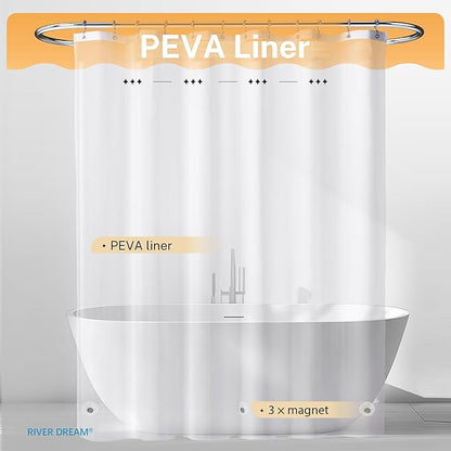 River Dream 3 in 1 Shower Curtain Set, Stall Waffle Fabric Shower Curtain and Waterproof Clear Liner Set with Double Sided Metal Hooks, Grey, 36" W*72" H