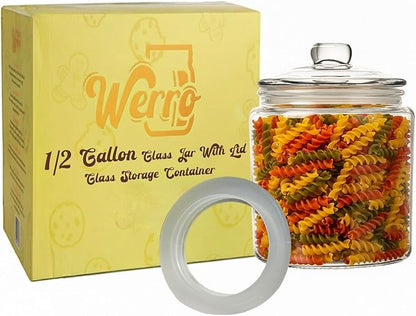 1/2 Gallon Glass Jar Airtight With Lid - Extra Gasket - Glass Canisters With Lids, Wide Mouth, 64 oz Glass Cookie jar, Candy Jar, Dog Treats, Sugar, Food, Kitchen Storage and Laundry Room