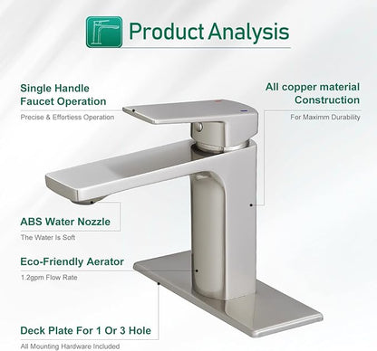 VOTON Bathroom Faucet Brushed Nickel Single Handle Bathroom Faucet 1 or 3 Hole Bathroom Sink Faucet with Deck Plate RV Bathroom Faucet 1.2 GPM