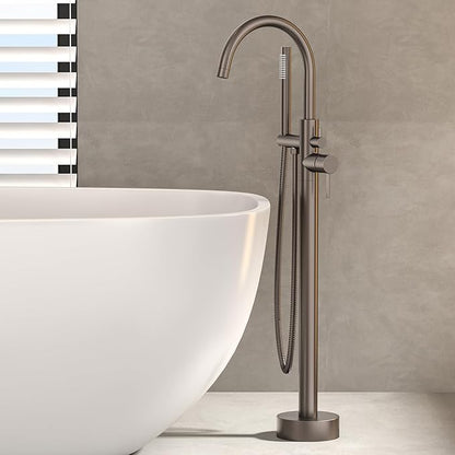 Freestanding Bathtub FaucetFloor Mount Bathtub Filler Shower Mixer Faucet with Handheld Shower Sprayer Swivel, Side Inlet，Grey