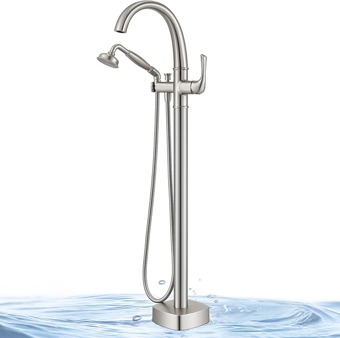 Free Standing Tub Faucet, Jabbol Luxury Freestanding Bathtub Faucet with Sprayer, Brass Bathroom Floor Mount Tub Filler, Brushed Nickel (JB-8811BN)