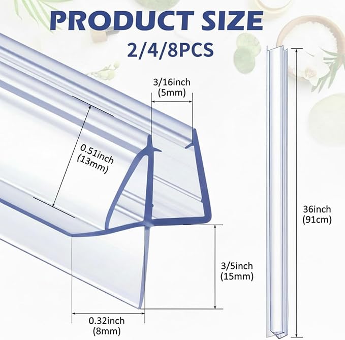 Frienda 8 Pcs Shower Door Bottom Seal 3/16" x 36'' Clear PVC Glass Door Sweep Shower Frameless Seal Strip for Replacement Stopping Leaks and Creating Water Barrier