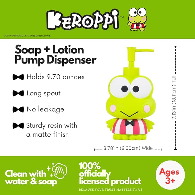 Sanrio Keroppi Soap/Lotion/Hand Sanitizer Resin Pump Dispenser, 13 Ounces, (Officially Licensed Product) by Franco Collectibles