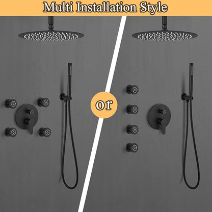 Matte Black Round Shower Faucet Set with Body Jets 10 Inch Shower Head Handheld Shower Combo Set High Pressure Ceiling Mount with Rough-in Valve