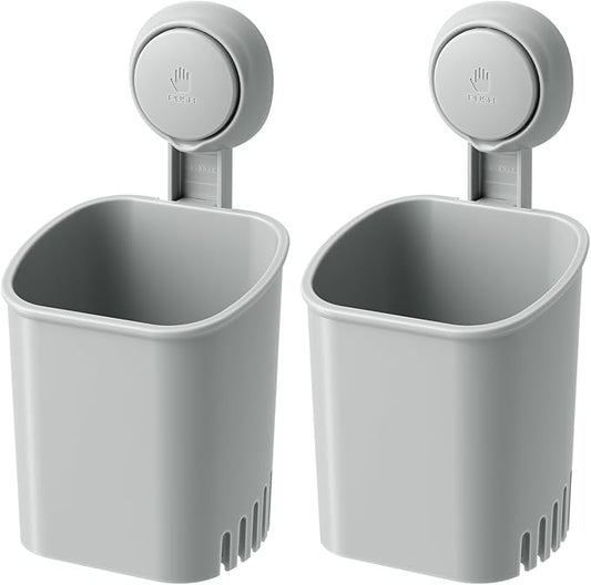 LEVERLOC Powerful Suction Toothbrush Holder 2 Pack, Removable Drill-Free Wall Shower Holder for Toothbrush, Toothpaste, Razor, Self-draining Suction Cup in Shower, Kitchen Tableware Organizer, Gray