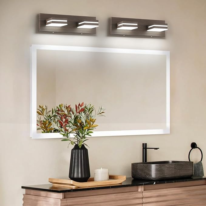 SineRise LED Modern Bathroom Vanity Light Fixtures (2-Light, 15.5-Inch, Dimmable), Brown Wood Painted Modern Acrylic Bathroom Wall Lighting Fixtures Over Mirror (Cool White 6000K)