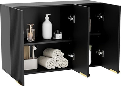 ChooChoo 3 Doors Wall Cabinet Laundry Room, Bathroom Wall Cabinet with Adjustable Shelf, Fluted Wall-Mounted Medicine Cabinet, Storage Cabinet for Kitchen, Garage, Black