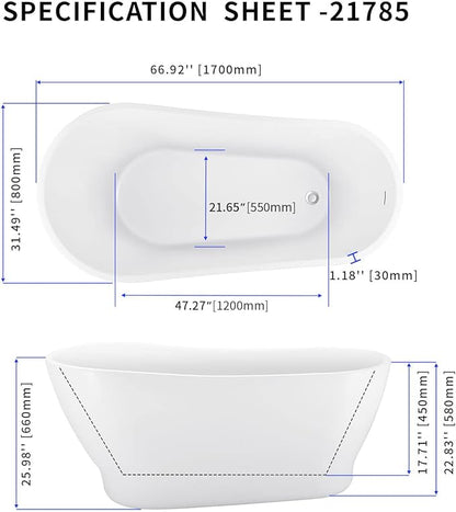 67" Acrylic Freestanding Bathtub, Elegant Skirted Free Standing Tub, Soaking Tub with Integrated Slotted Overflow, Toe-Tap Chrome Drain, cUPC Certified, Glossy White