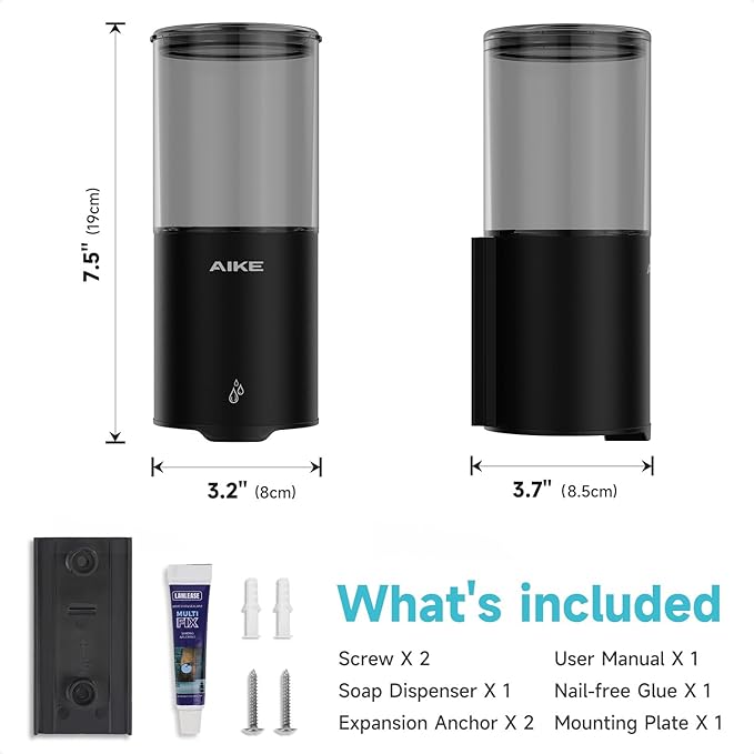 AIKE Automatic Wall Mount Liquid Soap Dispenser for Home and Commercial Bathroom 13.5oz IPX7 Waterproof,Matte Black Stainless Steel