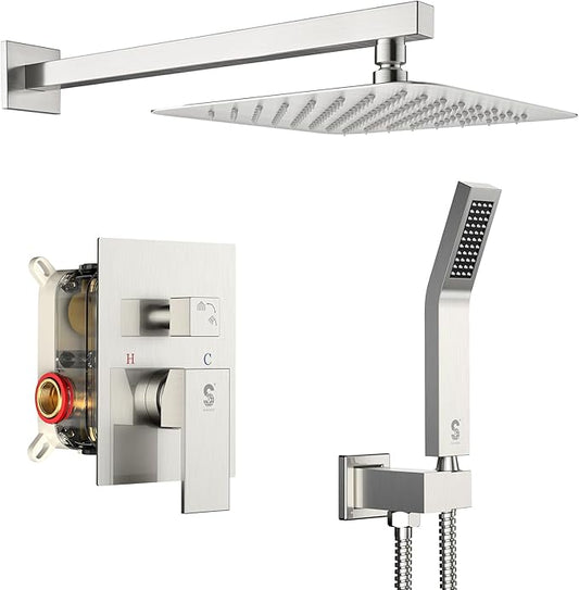 SR SUN RISE Shower Faucet Set Bathroom Square Rain Shower Head with Handheld Spray Wall Mounted Rainfall Shower Fixtures Brushed Nickel Shower Faucet Trim Repair Kits (Contain Shower Valve)10 Inches