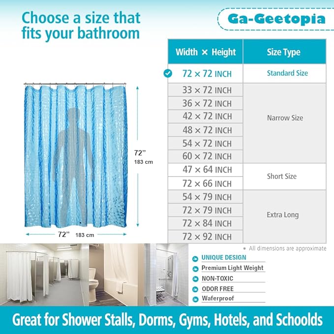 Ga-Geetopia EVA 3D Blue Pearl Water Cube Plastic Shower Curtain Liner - Premium Light Weight 72" x 72" Blue Bathroom Shower Showroom Curtain Liner with Rustproof Metal Gromments and Weighted Magnet