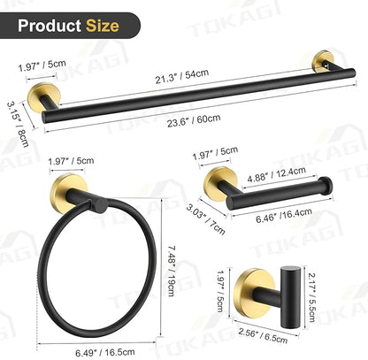 TQKAG Black and Gold Bathroom Hardware Set 6-Piece Bathroom Accessory Set 23.6 Inch Round Stainless Steel Towel Bar Set Wall Mounted